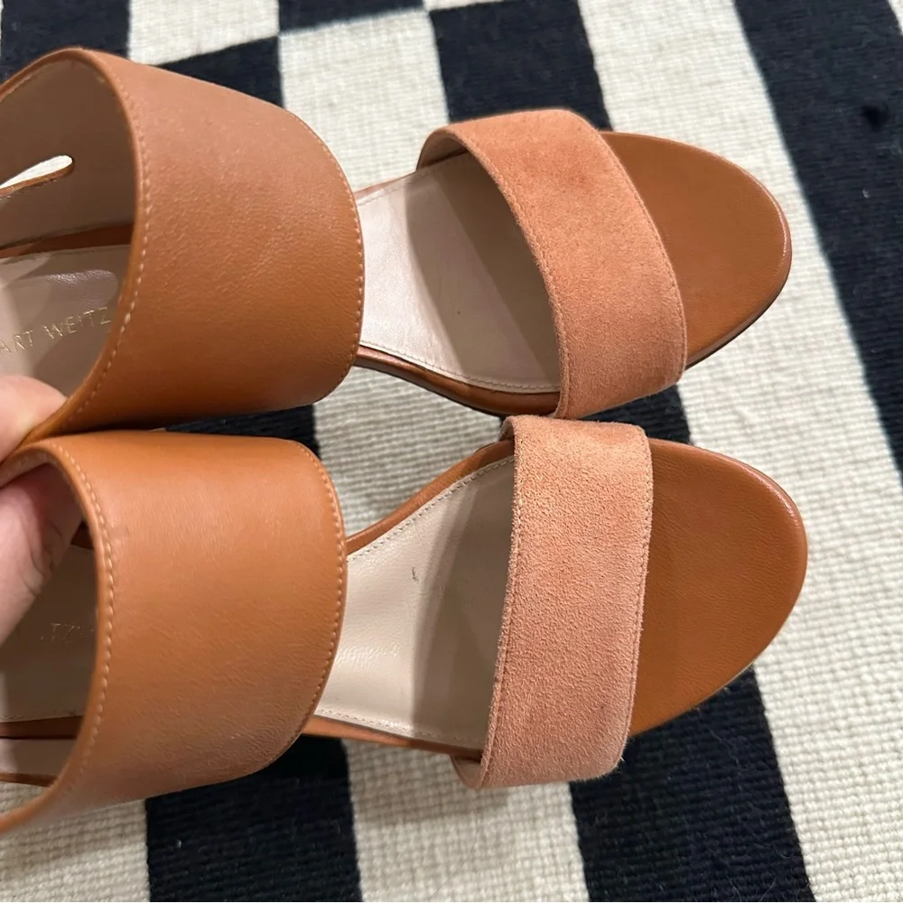 Stuart Weitzman Cognac Two-Strap Block Heel Slingbacks